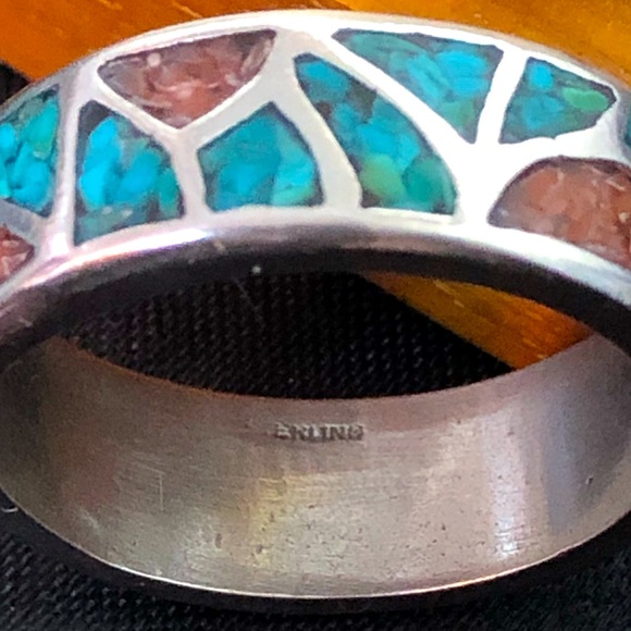 Southwest Native Sterling Silver Crushed Turquoise Coral Mosaic Ring Sz 12-1/2 - Picture 5 of 17